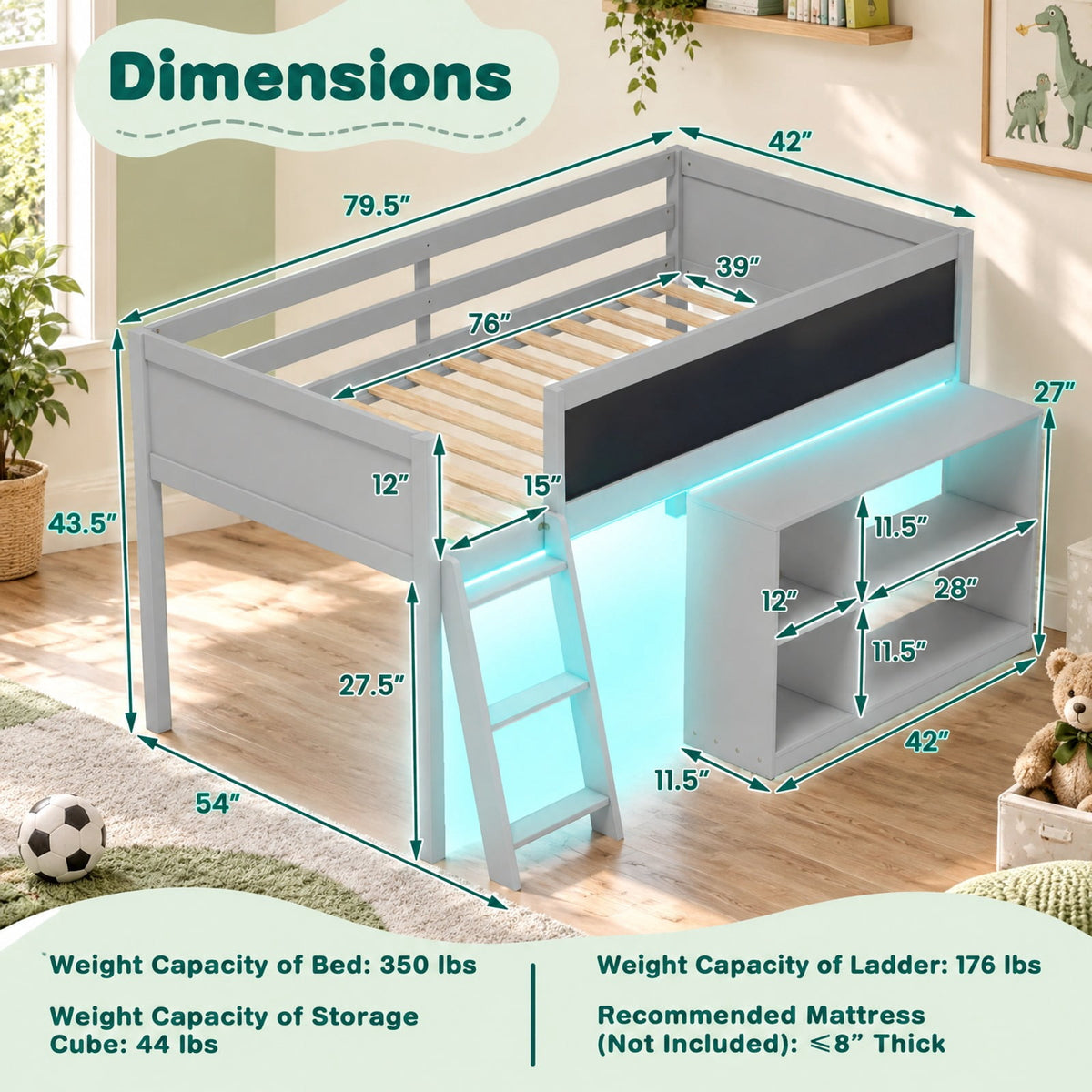 Airfind Twin Size Kids Loft Bed with LED Lights and Removable Bookcase, 350 lbs Capacity, Solid Wood Plywood Engineered Wood Frame, Gray