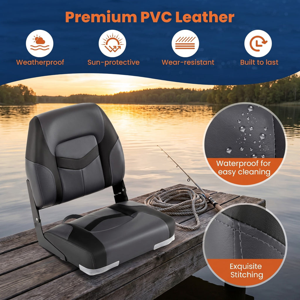Airfind Folding Low Back Boat Seats 2 Pack with Fixing Bolts and Aluminum Hinges for Fishing and Cabin Seating Boats, Black and Gray