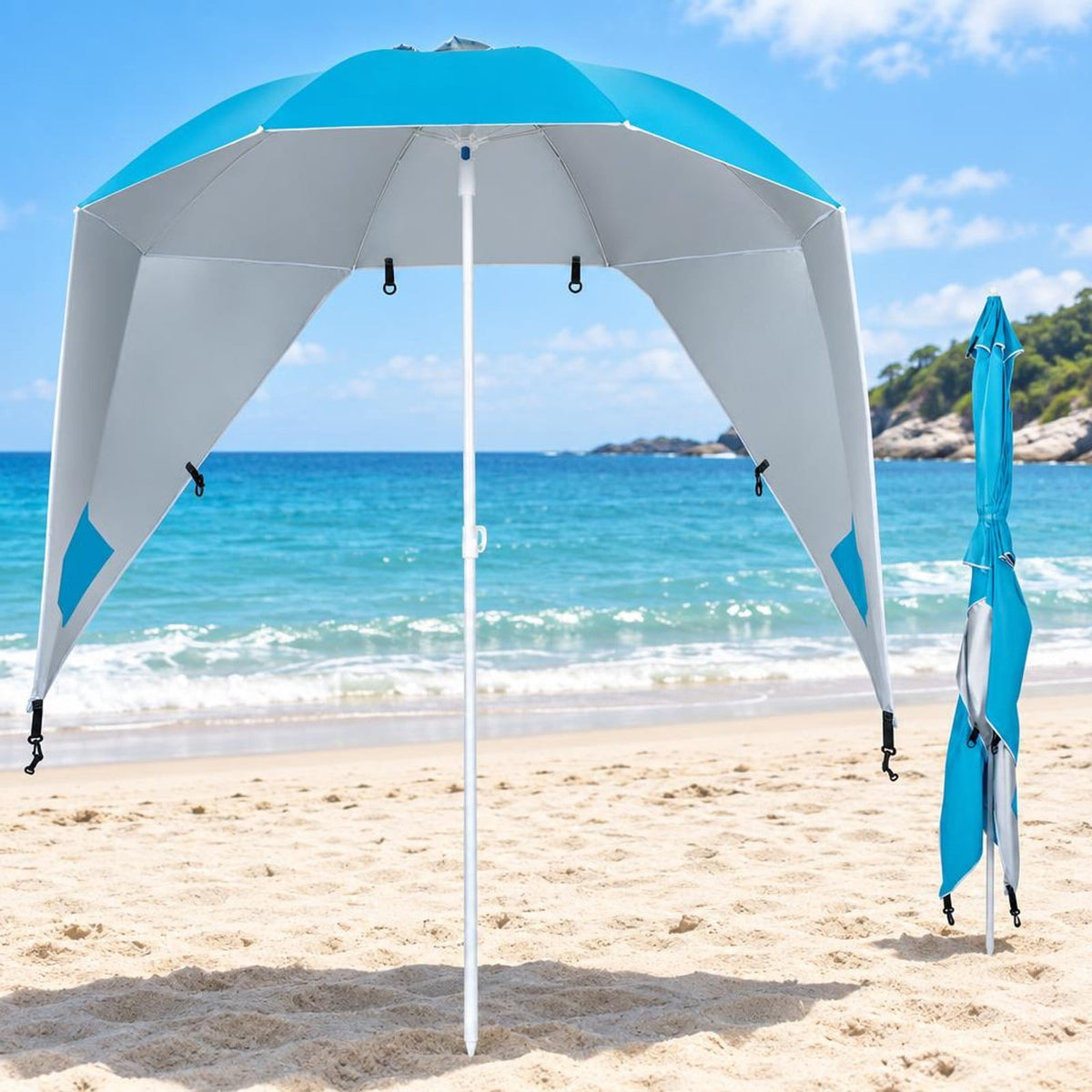 Airfind 2-in-1 Beach Shelter Umbrella UPF 50+ with Side Panels for Camping Picnic, Oxford Cloth Fiberglass Pole Metal PP Frame, Turquoise