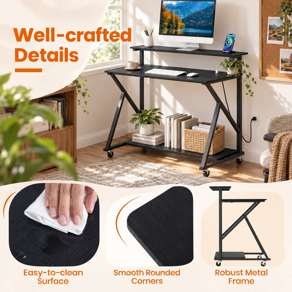 Airfind Rolling Computer Desk with Charging Station and Monitor Shelf Storage for Home Office, 155 lbs Capacity, Engineered Wood Metal Frame, Black