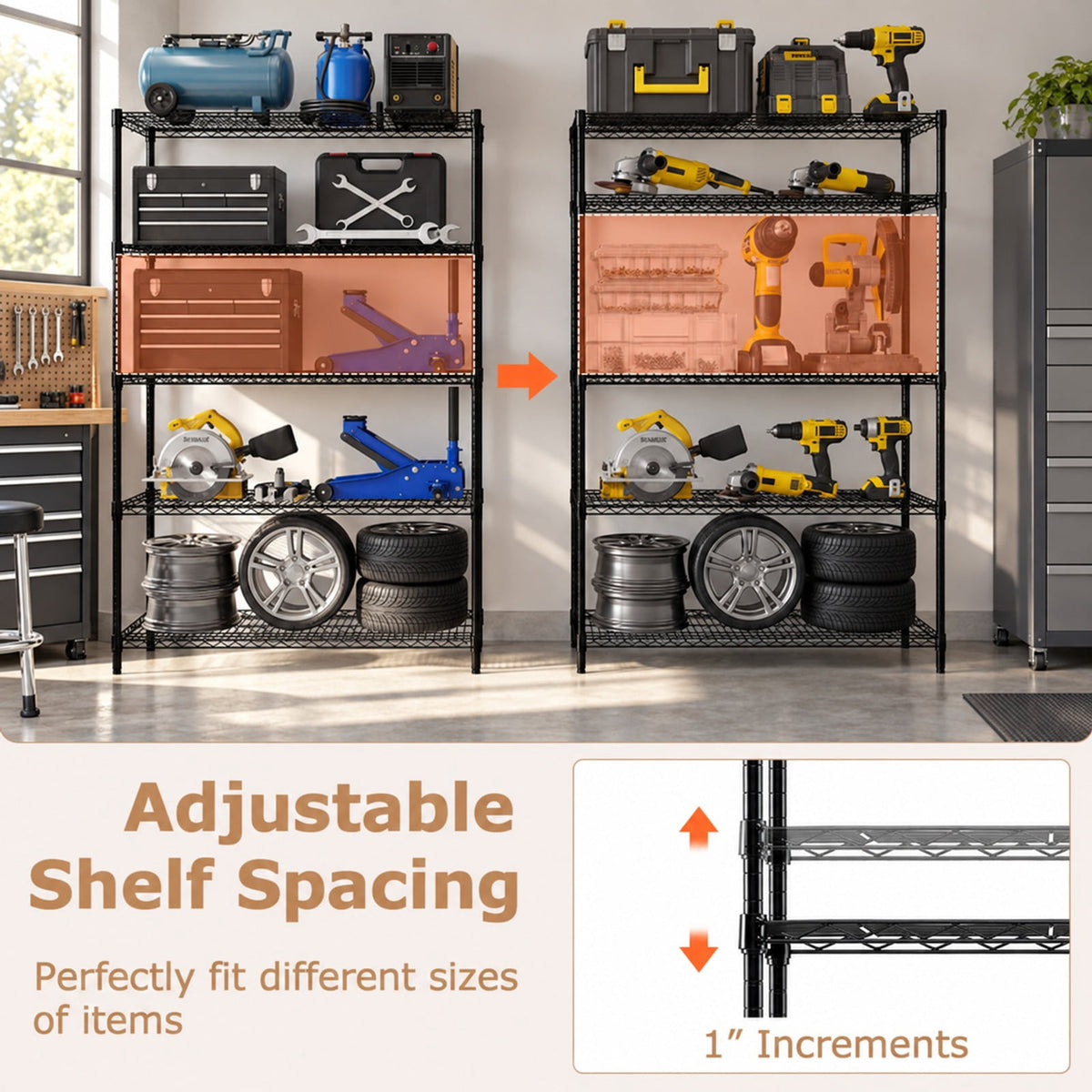 Airfind 5-Tier Metal Storage Shelving Unit with V-Shaped Wire Rack, 4000 lbs Capacity, Metal Frame, 48 x 18 x 72.5 Total Footprint, Black