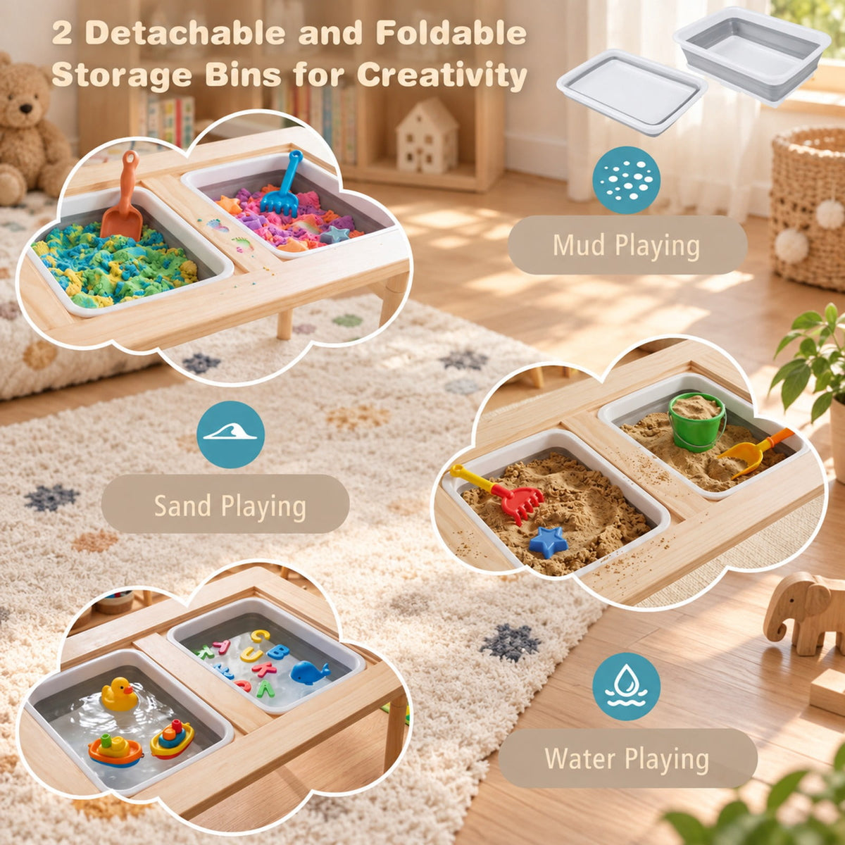 Airfind Kids Sensory Table Set with Adjustable Height and 2 Storage Bins, 165 lbs Capacity, Pine Wood Plywood Engineered Wood Frame, Natural
