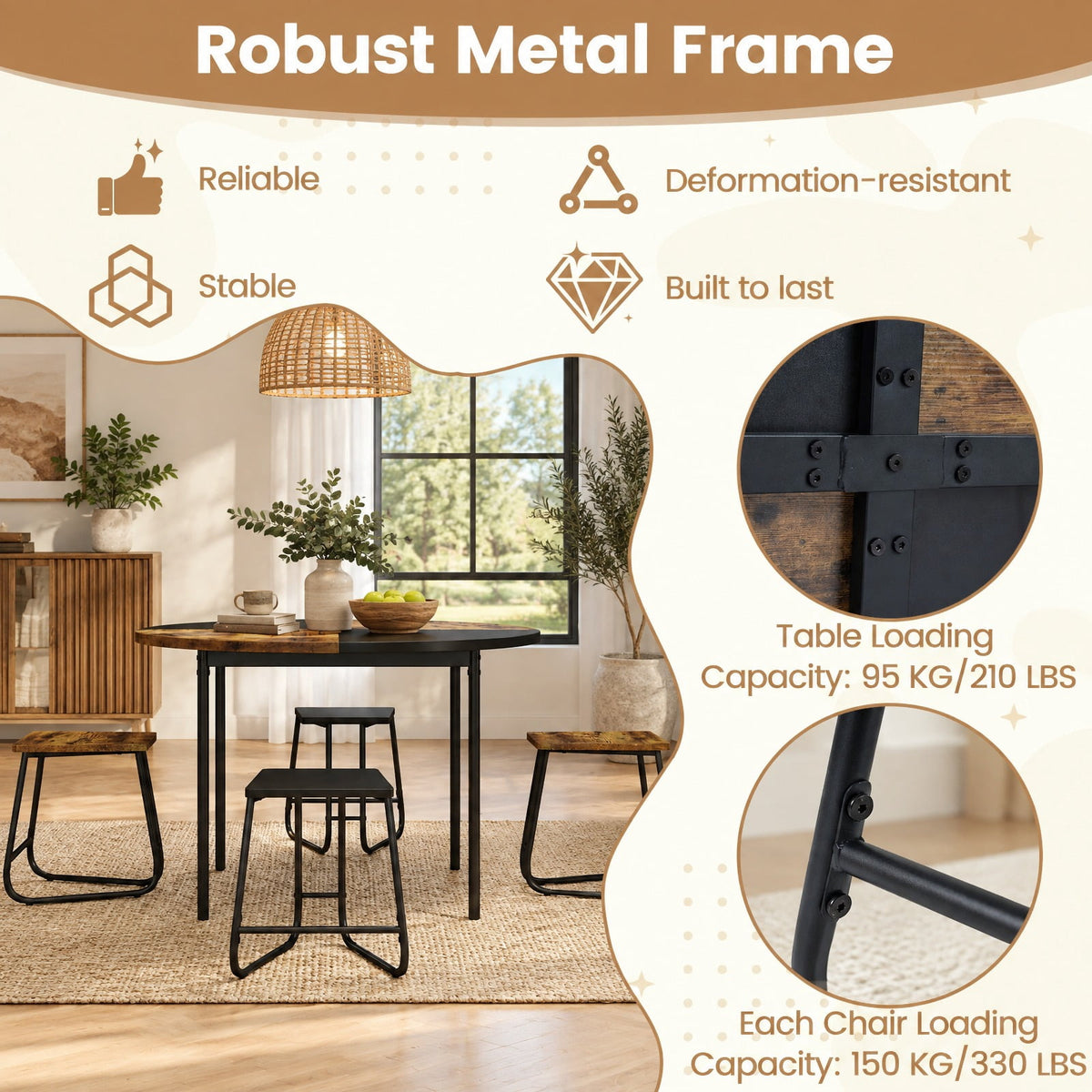 Airfind 5-Piece Dining Set for 4 47 Inch Round Kitchen Table and 4 Stools, MDF Metal Frame, Brown, Table Size 47in x 30in