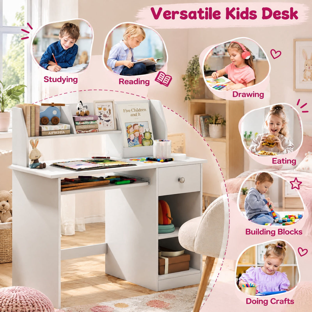 Airfind Youth Study Desk Youth Writing Table with Hutch Drawer Shelves and Keyboard Tray, 200 Lbs Capacity, Engineered Wood, White