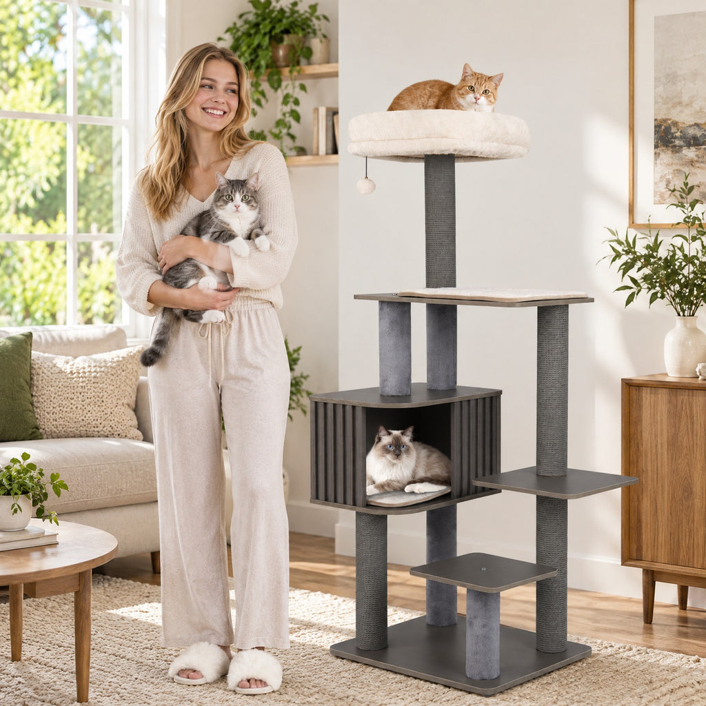 Airfind Multi-level Cat Tree for Indoor Cat 59.5 inch Tall Cat Tower with Cushion Top Perch, 23 Inch x 19 Inch Cat Condo Footprint, Gray