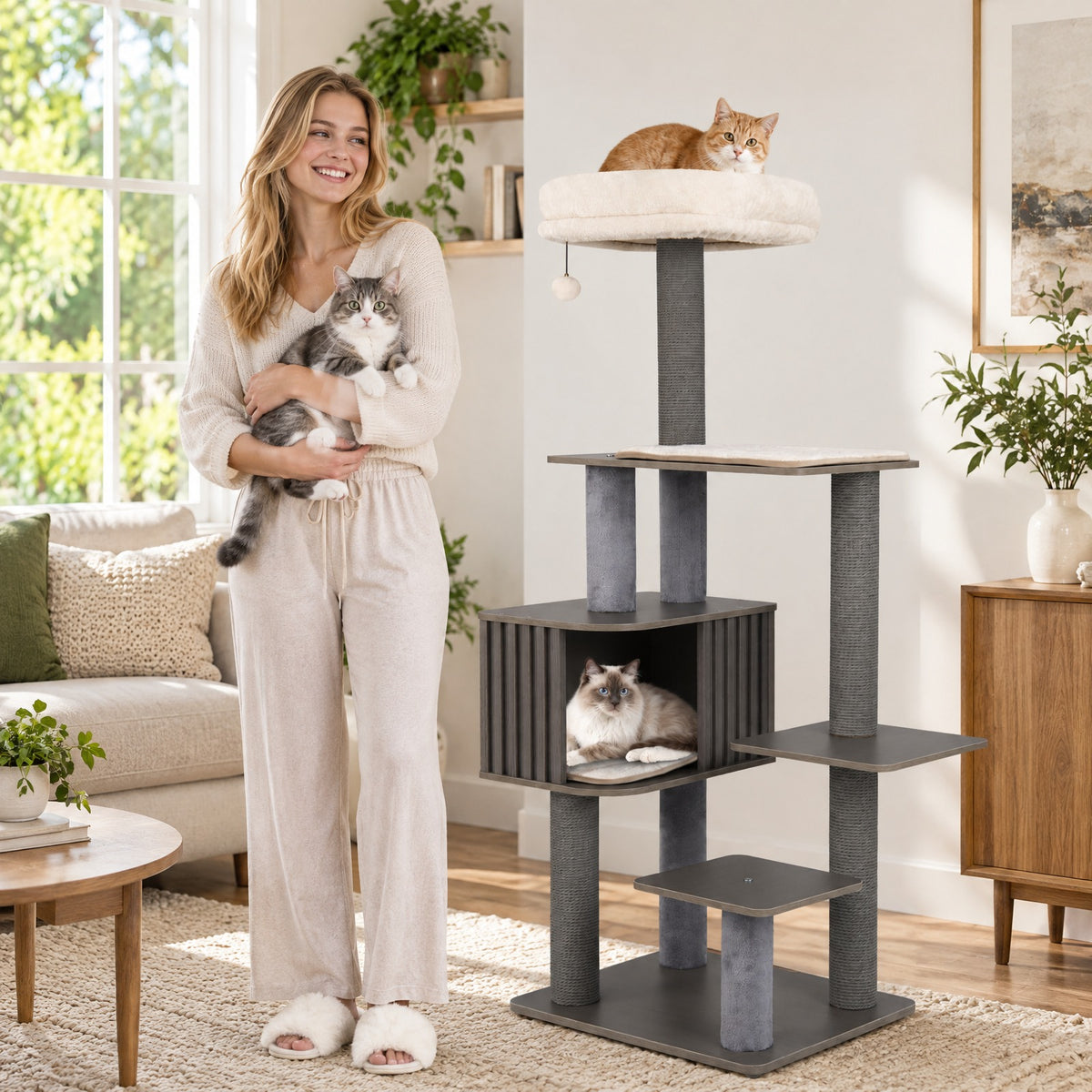 Airfind Multi-level Cat Tree for Indoor Cat 59.5 inch Tall Cat Tower with Cushion Top Perch, 23 Inch x 19 Inch Cat Condo Footprint, Gray