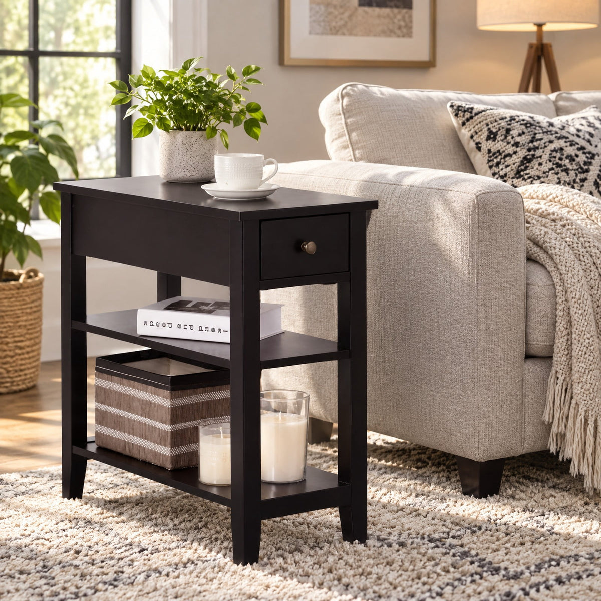 Airfind 3-Tier End Table with Drawer slideway and Double Shelves, 90 lbs Capacity, MDF Frame, 24 Inch x 12 Inch x 24.5 Inch (L x W xH) Drawer Footprint, Brown