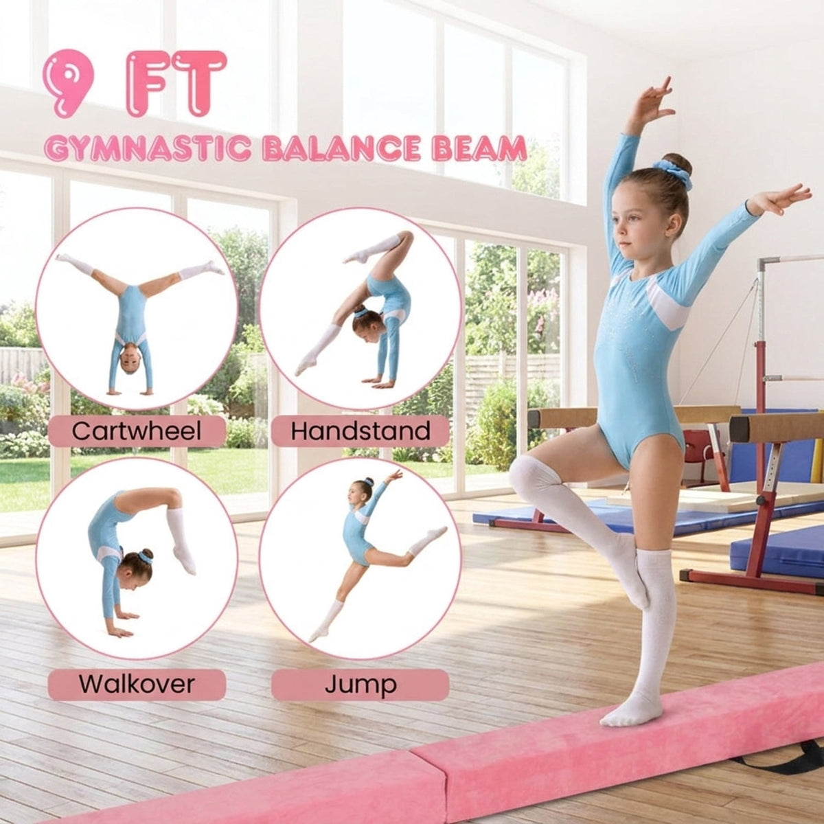 Airfind 9 ft Folding Gymnastics Balance Beam with Suede Cover, Pine Wood Core and Non-Slip Mat, Pink