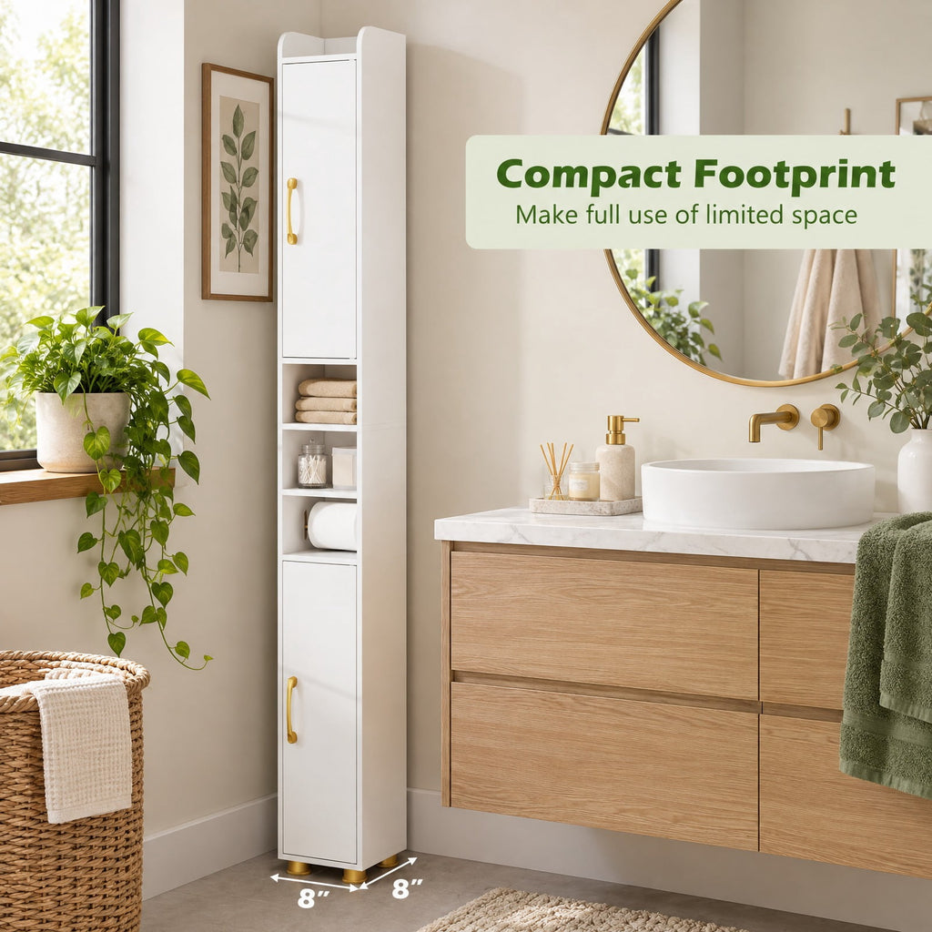 Airfind Narrow Bathroom Storage Cabinet featuring Open Shelves and Toilet Paper Holder, 11 lbs Capacity, Engineered Wood Metal Plastic Frame, White