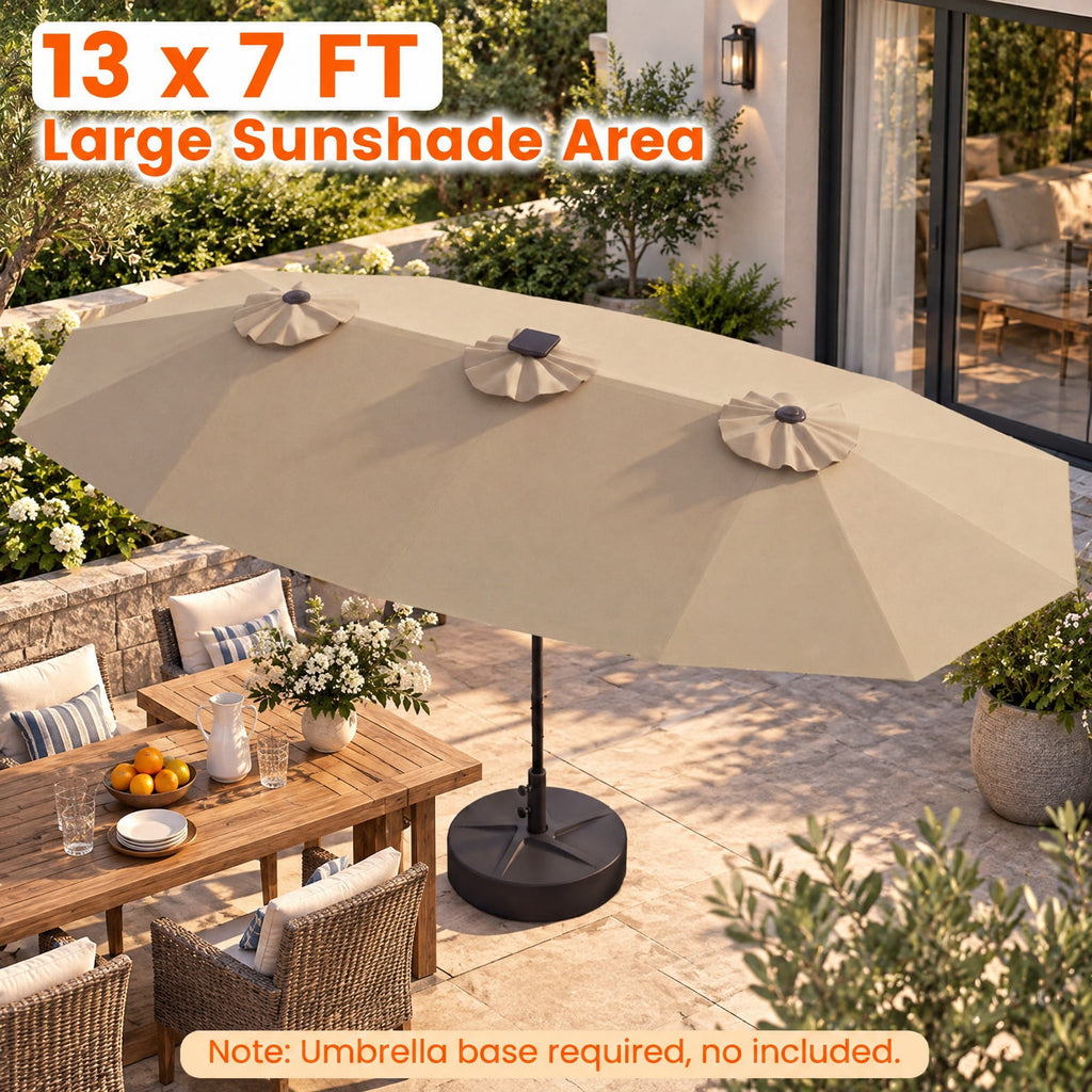Airfind 13 FT Double-Sided Patio Umbrella with Color-Changing Flowing Solar LED Lights, Polyester Fabric Metal Frame, 13 x 7 ft Footprint, Brown