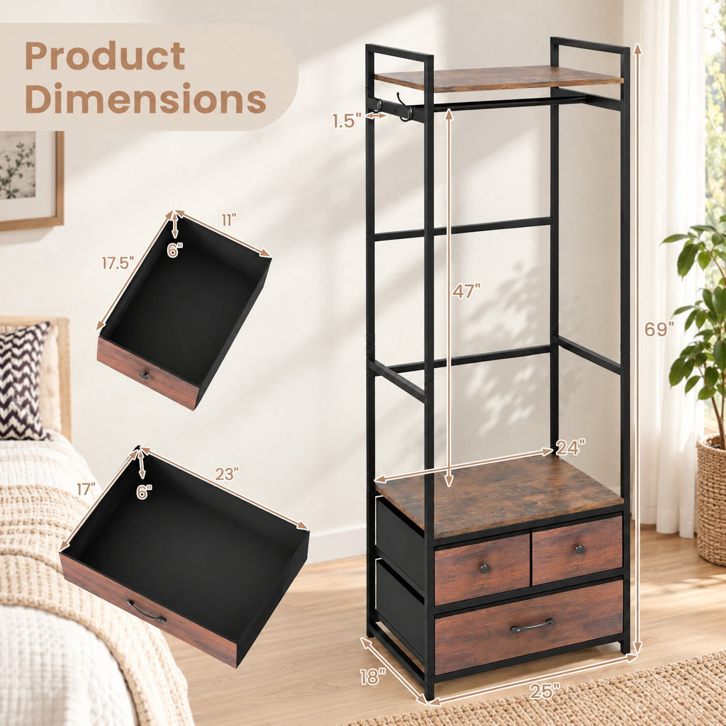 Airfind Clothes Rack with Drawers and Shelves with Side Hooks and Metal Frame, 22 lbs Capacity, Metal Engineered Wood Fabric Frame, Brown