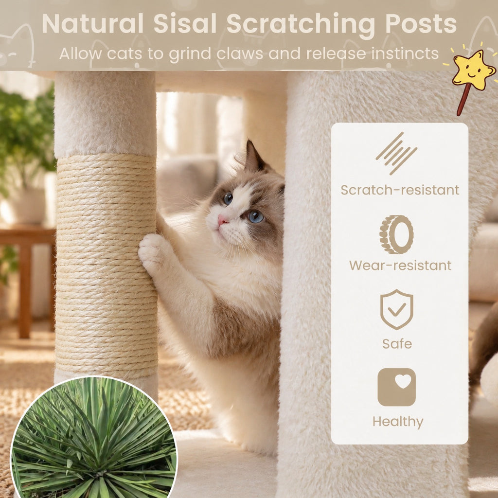 Airfind Modern Cat Tree Space-saving Cat Tower with Upholstered Perch and 2 Cat Condos, 22 lbs Capacity, 24 x 16 x 25.5 Condo Footprint, Beige