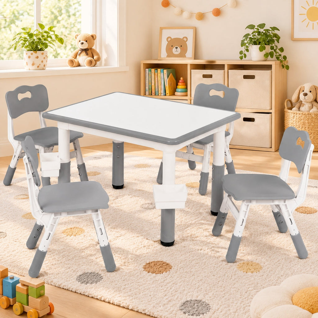 Airfind Height Adjustable Kids Table and 4 Chairs Set with Graffiti Desktop and 2 Storage Baskets, 220 lbs Capacity, Engineered Wood PP Frame, Gray
