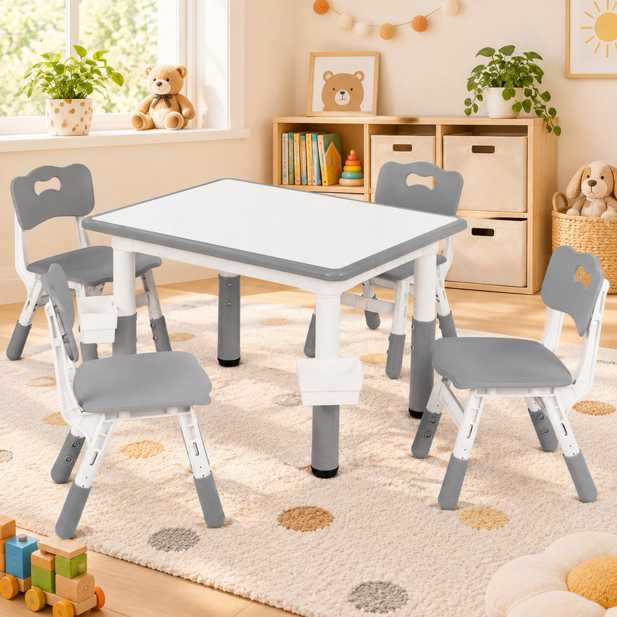 Airfind Height Adjustable Kids Table and 4 Chairs Set with Graffiti Desktop and 2 Storage Baskets, 220 lbs Capacity, Engineered Wood PP Frame, Gray
