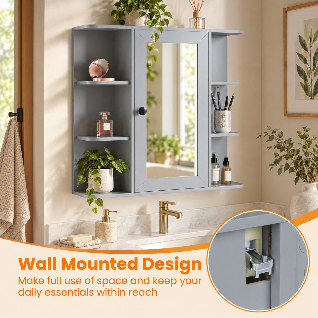 Airfind Wall Mounted Bathroom Medicine Cabinet with Mirror and Shelves, 120 lbs Capacity, MDF Engineered Wood Glass Frame, Gray