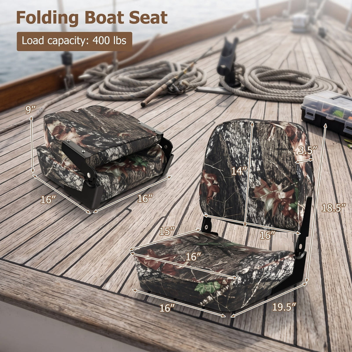 Airfind Folding Low Back Boat Seats 2 Pack with Thick Sponge Padding and Aluminum Hinges for Fishing and Jon Boats, Camouflage