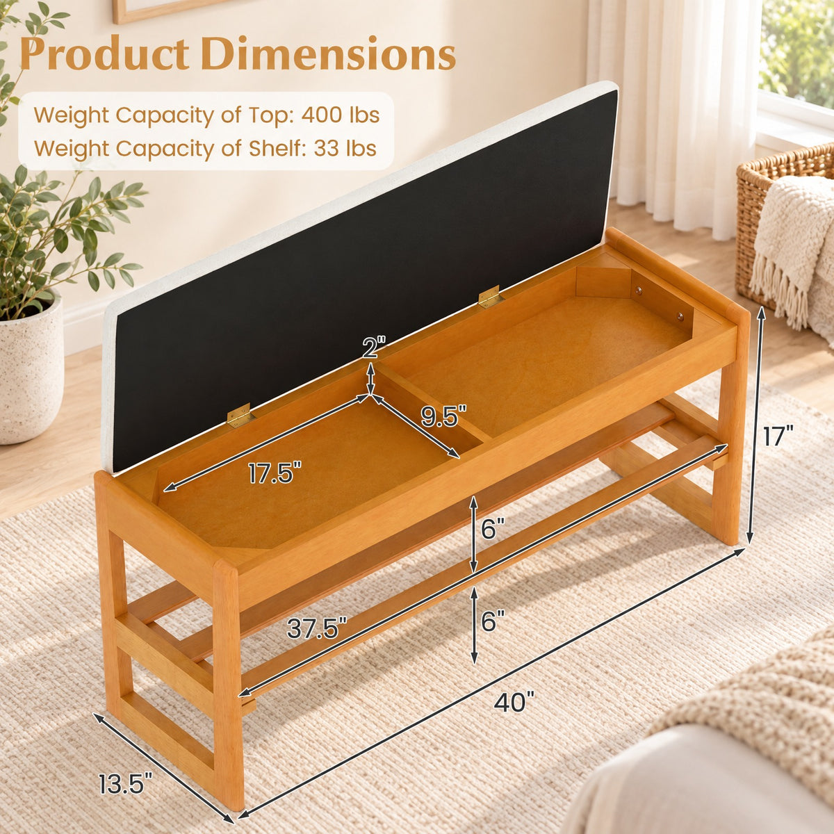 Airfind Shoe Rack Bench with Storage 2-Tier Rubberwood Entryway Bench with Flip-Open Storage, 400 lbs Capacity, 40in x 13.5in x 17in Footprint, Beige