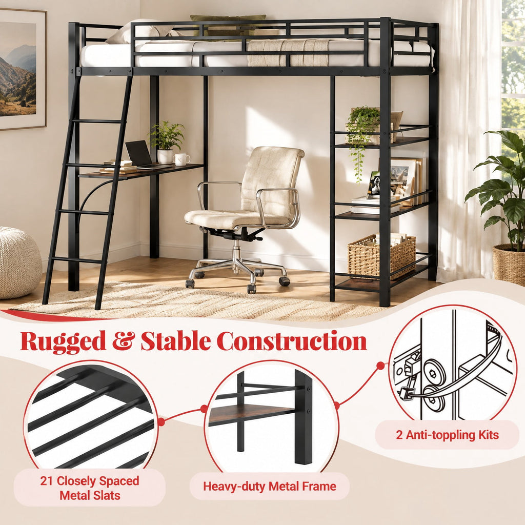 Airfind Twin Size Loft Bed with Desk and Shelves for Kids and Home, 440 lbs Capacity, Metal MDF Frame, 78 x 55.5 x 66.5 Footprint, Black