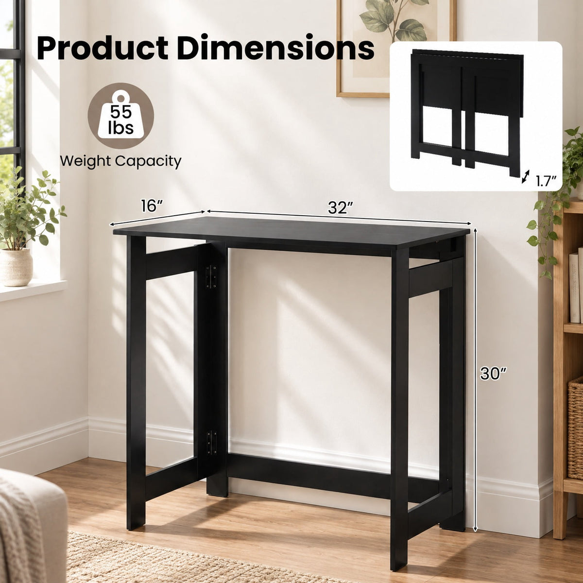Airfind Folding Console Table with Foldable Legs, 55 lbs Capacity, Engineered Wood Frame, 31.5 Inch x 16 Inch x 29.5 Inch Footprint, Black