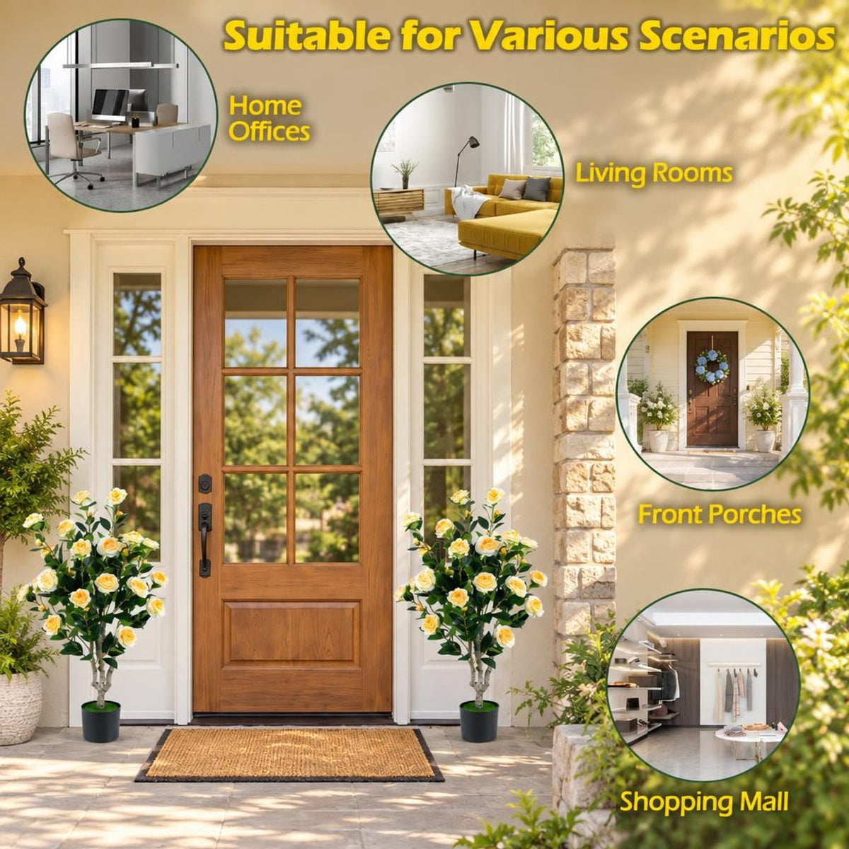 Airfind Set of 2 39.5 Artificial Camellia Tree with Cream Yellow Blossoms in Cement Pot for Decoration, PP Cement PE Fabric Frame, Cream Yellow