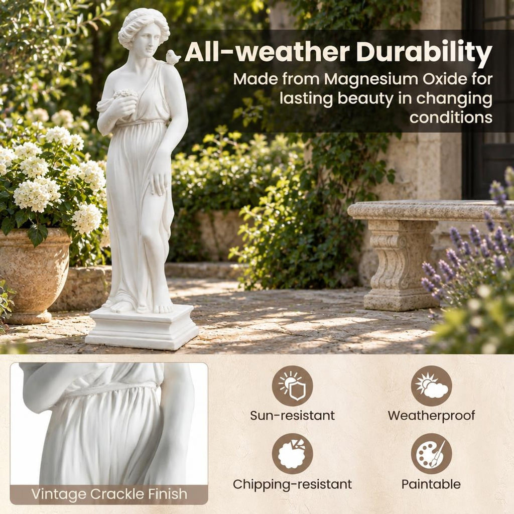 Airfind 31.5 Inch Outdoor Greek, Goddess Statue with Antique Finish and Column Base, Magnesium Oxide Fiber Filaments Frame, 9 Inch x 8 Inch x 31.5 Inch, White