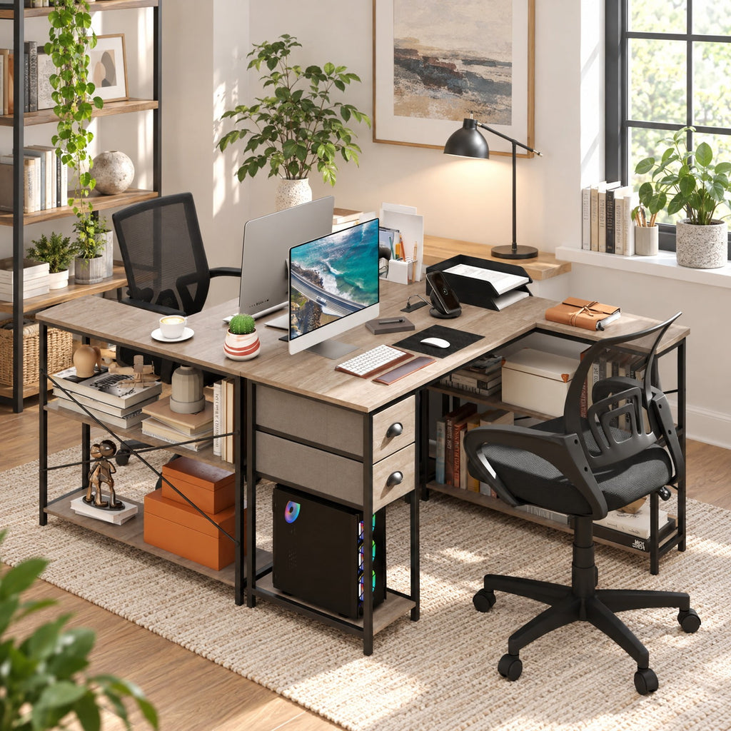 Airfind L Shaped Desk with Charging Station Corner Computer Desk with 2 Fabric Drawers, 110 lbs Capacity, Engineered Wood Metal Fabric Frame
