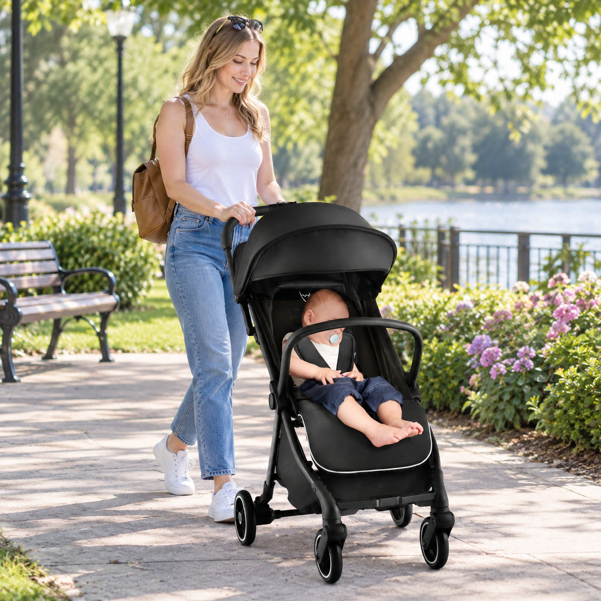Airfind One-Hand Folding Portable Lightweight Baby Stroller with Aluminum Frame, 33 lbs Capacity, Aluminum polyester EVA Frame, Black