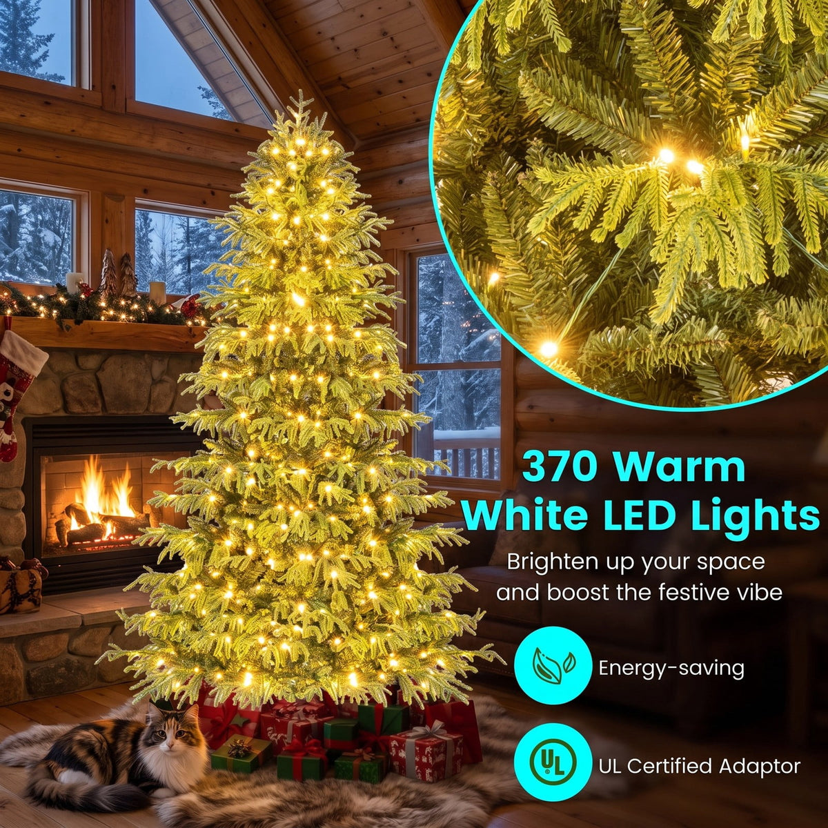 Airfind Artificial Christmas Tree with LED Lights and PVC Mixed Branch Tips-7, TPE PVC Metal Tree Height 6/7/8 ft Tree Width 3.9/4.3/4.7 ft Frame