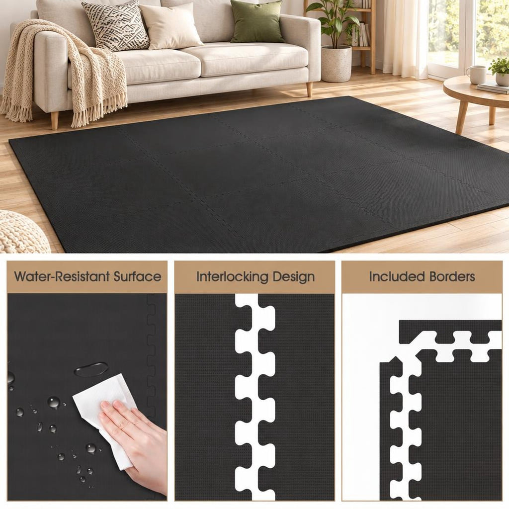 Airfind 24 Pack Non-Slip Protective Interlocking EVA Foam Floor Tiles, EVA Foam Frame, 143 x 97 x 0.5 Footprint, Black