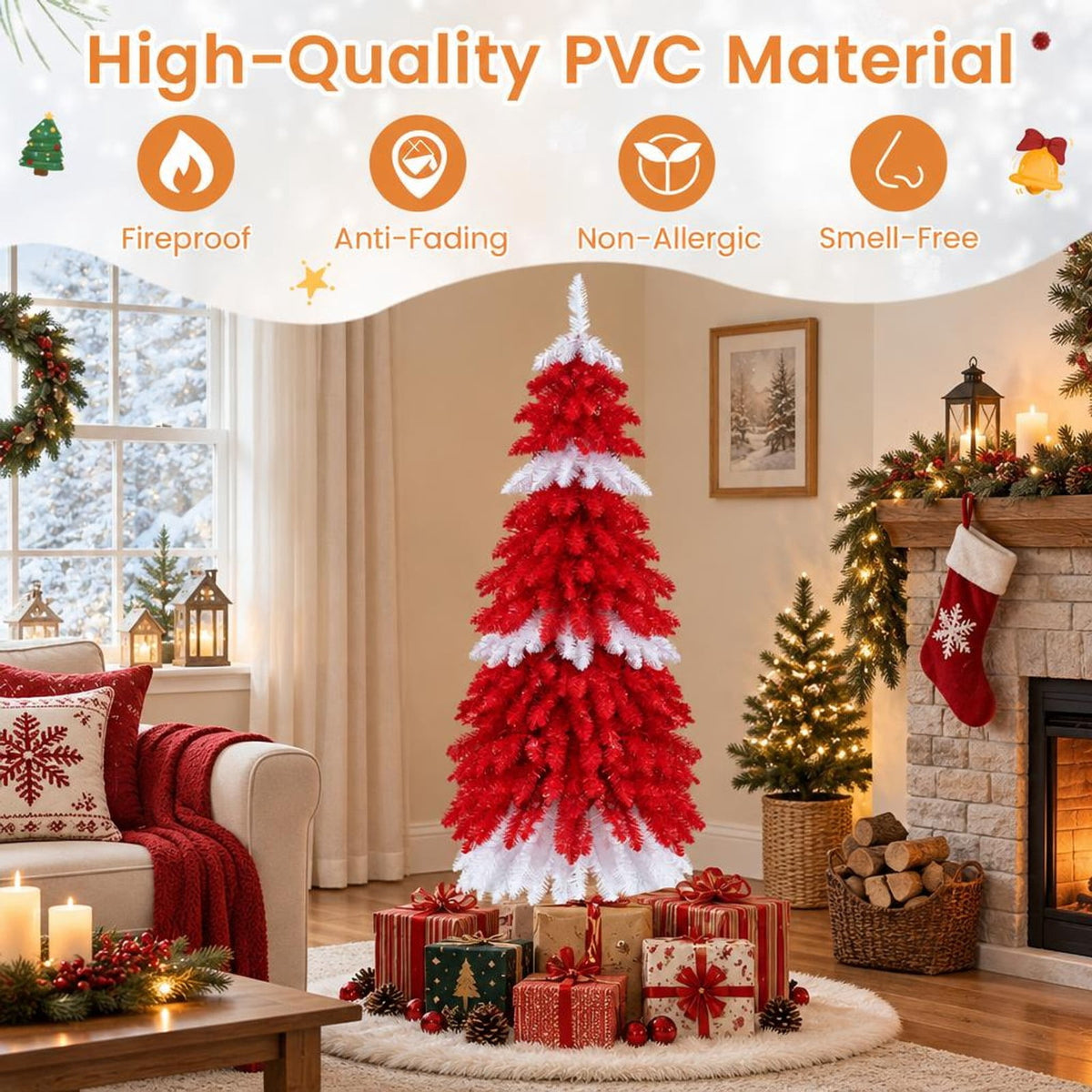 Airfind 5 FT Artificial Christmas Tree Pre-lit Xmas Trees with 301 Red and White Branch Tips, PVC Metal Tree Height 5 ft Tree Width 24in Base Frame