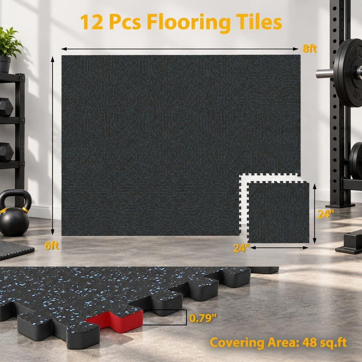 Airfind 0.79 inch Thick Rubber Top Exercise Mat 48 Sq Ft with Boarders-Black Blue, Rubber PE Foam Frame, of 12 Tiles 6 x 8 ft Total Footprint