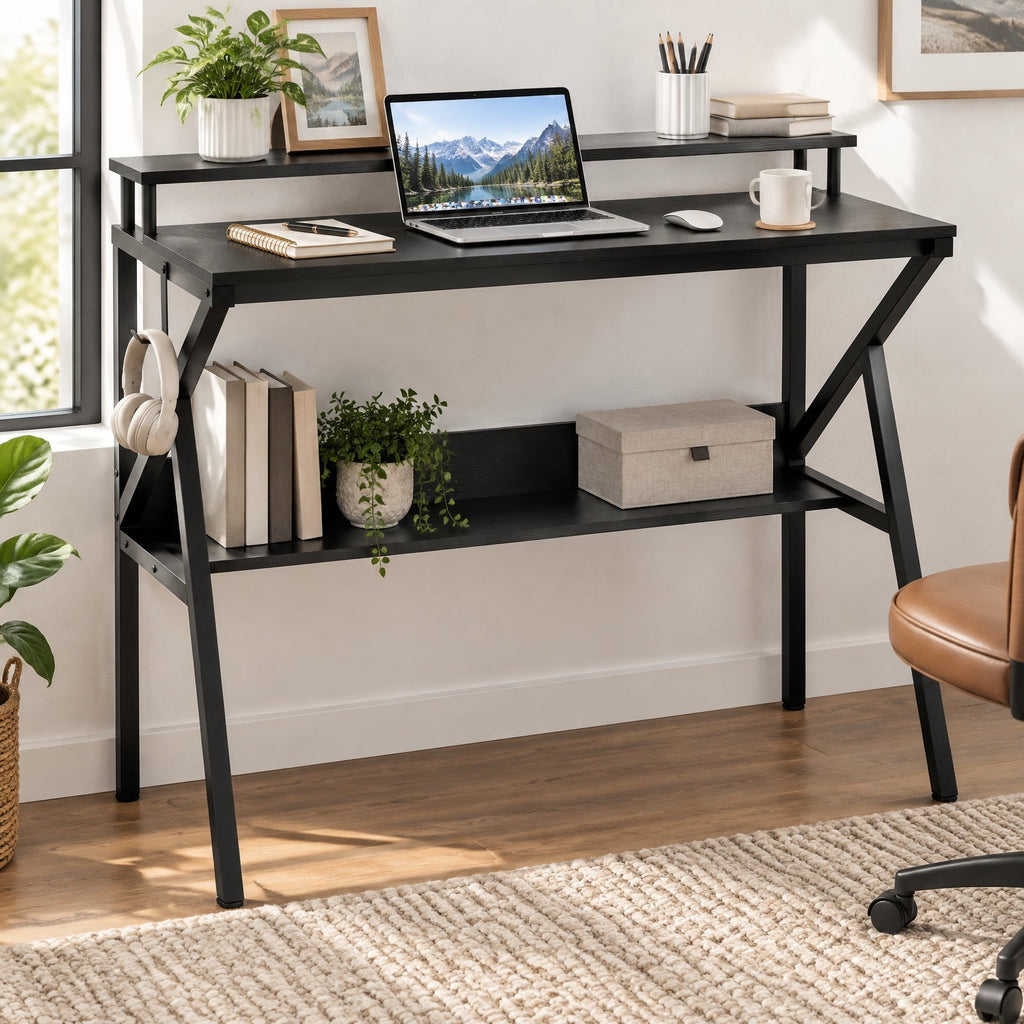 Airfind Space Saving Computer Desk with Monitor Stand and Extra Storage Shelf for Work Study, 200 lbs Capacity, Engineered Wood Metal Frame, Brown