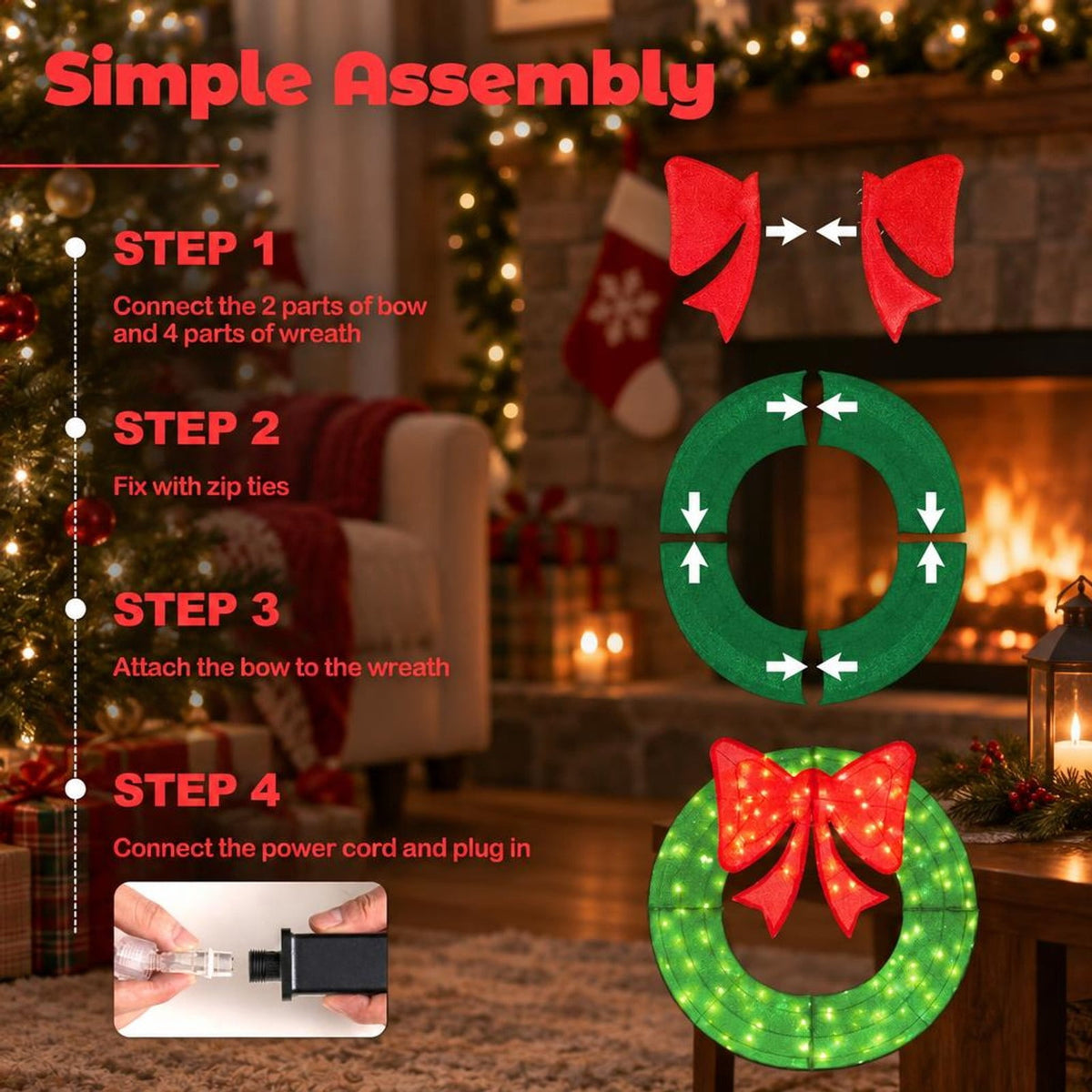 Airfind 48 Inch Pre-Lit Lighted Christmas Mesh Wreath with Bow and 200 LED Bulbs, Metal Mesh Fabric Frame, 29 x 30 Footprint, Green