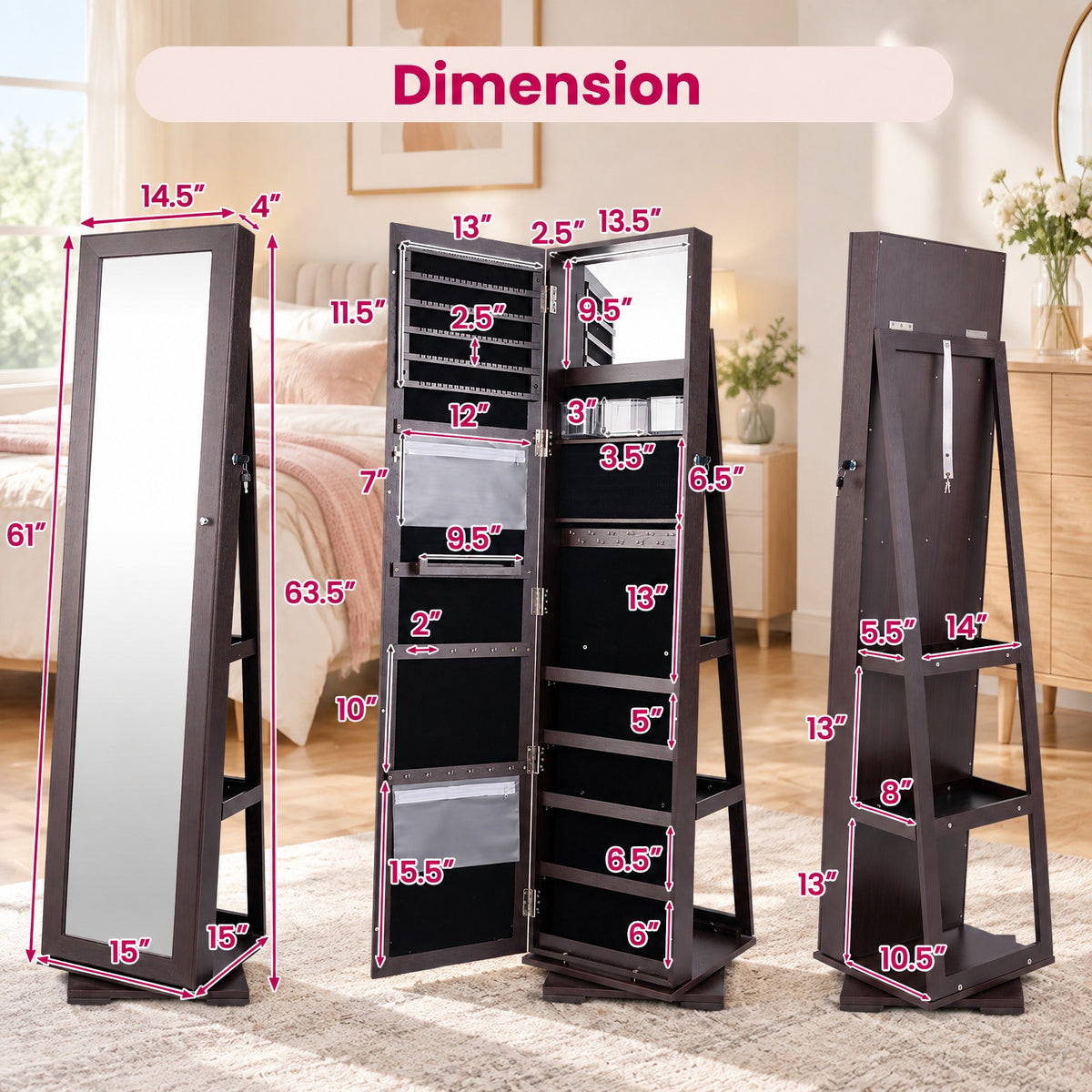 Airfind Jewelry Cabinet, 360¡ã Rotatable 2-in-1 Lockable, with Full-Length Mirror, P2 MDF Frame, 15 Inch x 15 Inch x 63.5 Inch (L x W x H) External, Brown