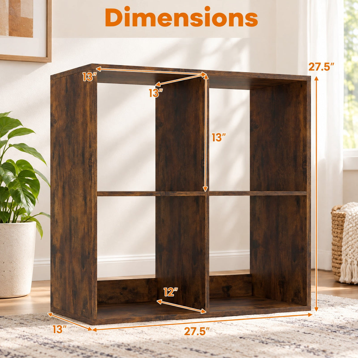 Airfind 4 Cube Bookshelf with Back Guardrail for Living Room Bedroom, 100 lbs Capacity, Engineered Wood Frame, 27.5 x 13 x 27.5 Footprint, Coffee