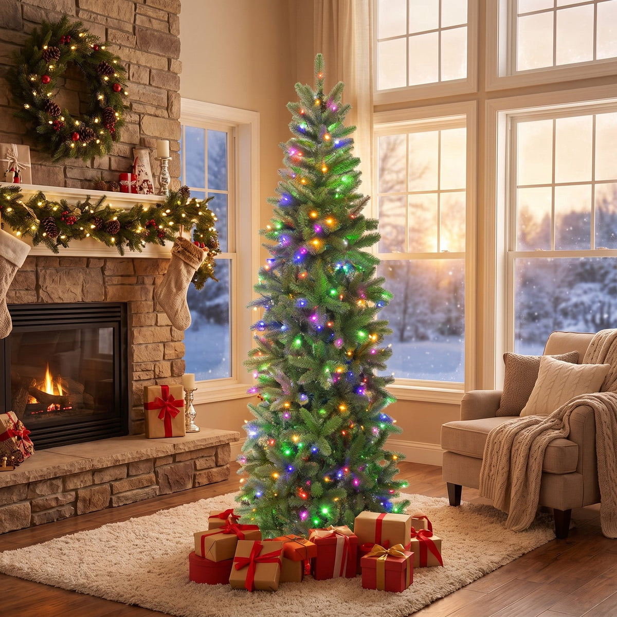 Airfind 6 Feet Pre-Lit Artificial Christmas Pencil Tree with 648 PVC PE Branch Tips, PVC PE metal Frame, 29.13 x 29.13 x 70.87 inch Footprint, Green