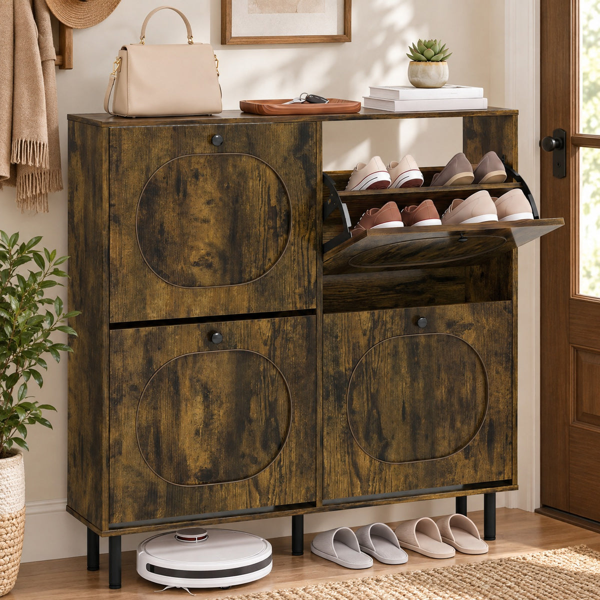 Airfind Shoe Storage Cabinet with 4 Flip Drawers and Aluminum Legs for Foyer and Hallway, 40in x 9.5in x 38.5inNet Weight 55 lbsWeight Footprint, Brown