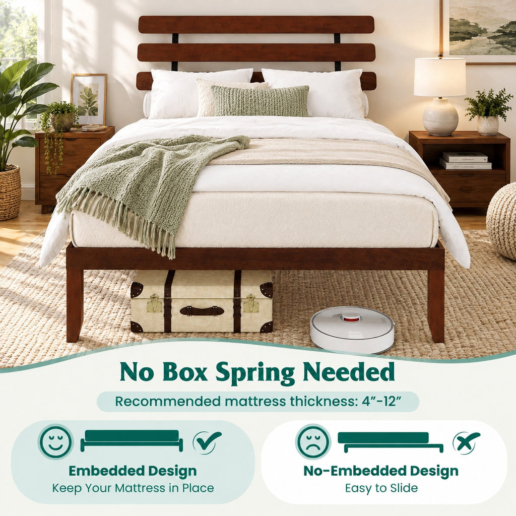 Airfind Queen Size Bed Frame 15.5 Inch Solid Wood Platform Bed with Retro Headboard, 550 lbs Capacity, Plywood Rubber Wood Metal Frame, Wood