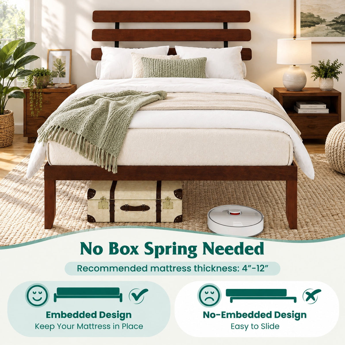Airfind Queen Size Bed Frame 15.5 Inch Solid Wood Platform Bed with Retro Headboard, 550 lbs Capacity, Plywood Rubber Wood Metal Frame, Wood