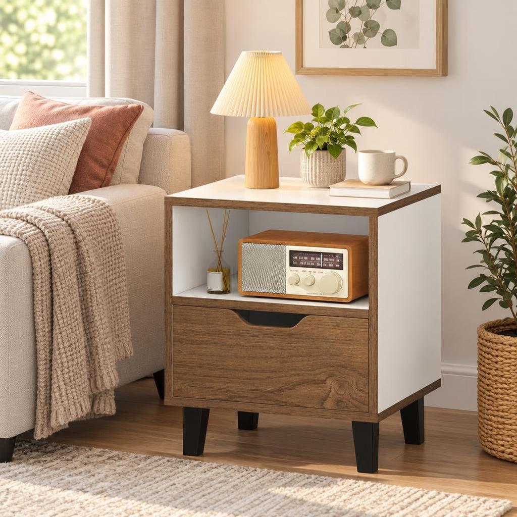 Airfind Nightstand with Drawer and Open Storage Shelf for Bedroom, 110 lbs Capacity, Engineered Wood MDF Metal Frame, 14.5in x 13in x 17.5in Footprint