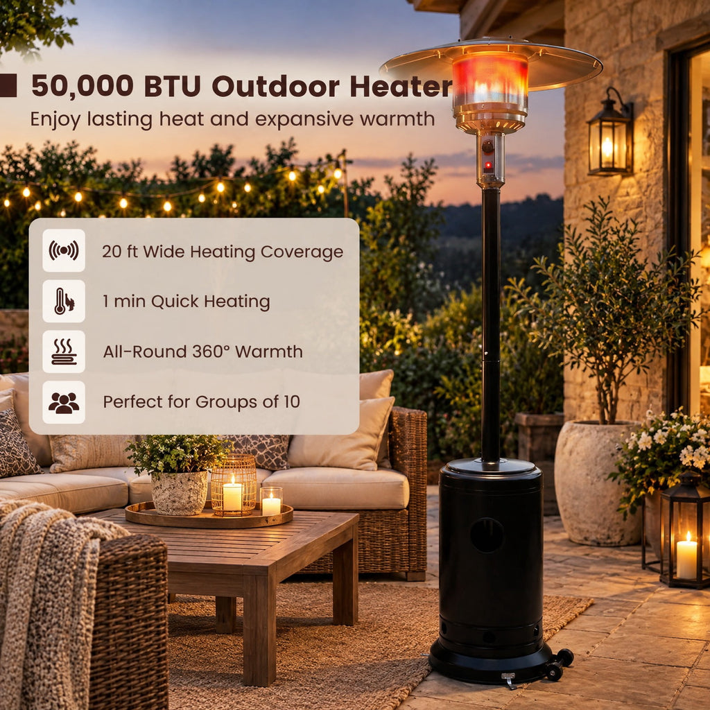 Airfind 50 000 BTU Patio Propane Gas Heater with Stainless Steel Burner, Stainless Steel Metal Aluminum Frame, 32.5in x 86in Footprint, Black