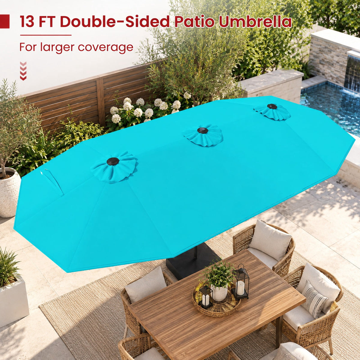 Airfind 13FT Double-sided Patio Umbrella with Solar Lights for Garden Pool Backyard, Metal 180g Yarn Dyed Fabric PA Coating Frame, Turquoise