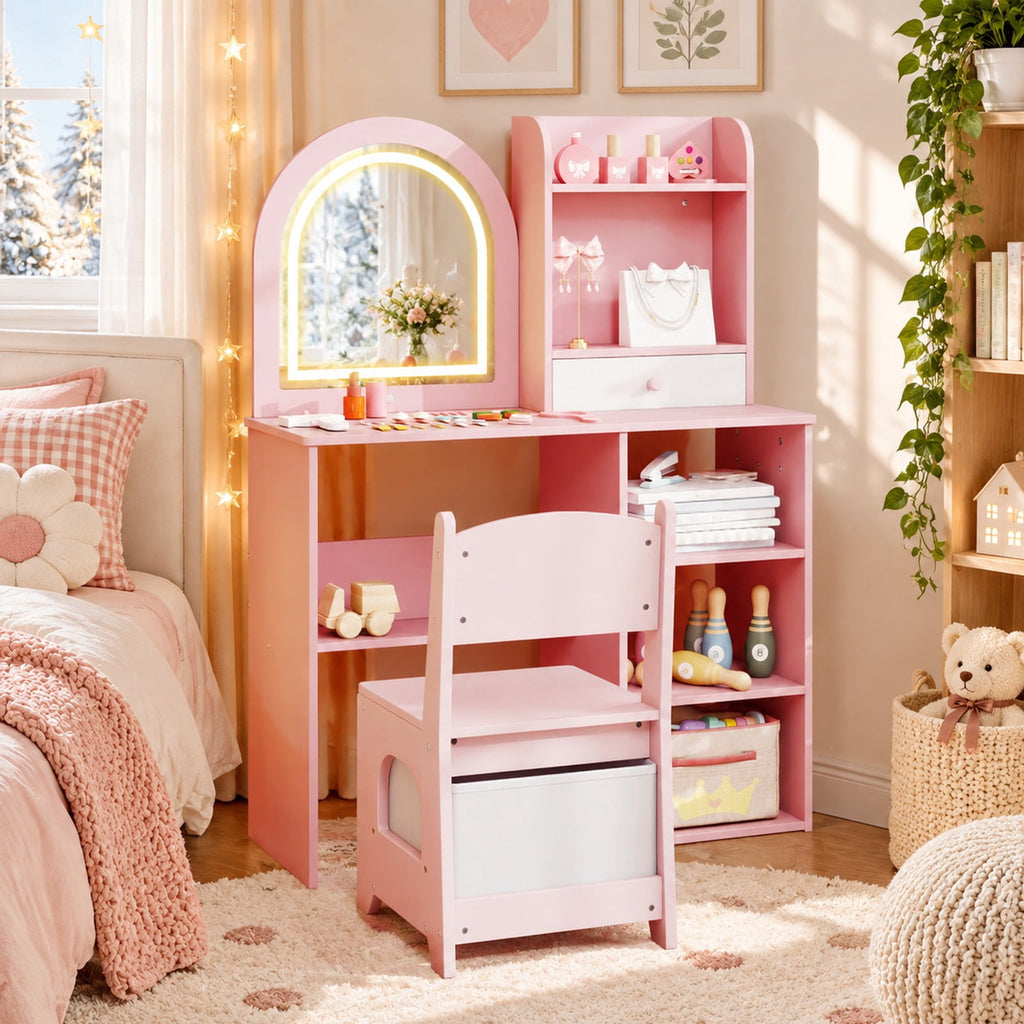 Airfind Kids Vanity Set Princess Girls Makeup Vanity Desk with Chair and 3-Color LED Lighted Mirror, 45 lbs Capacity, MDF Frame, Pink