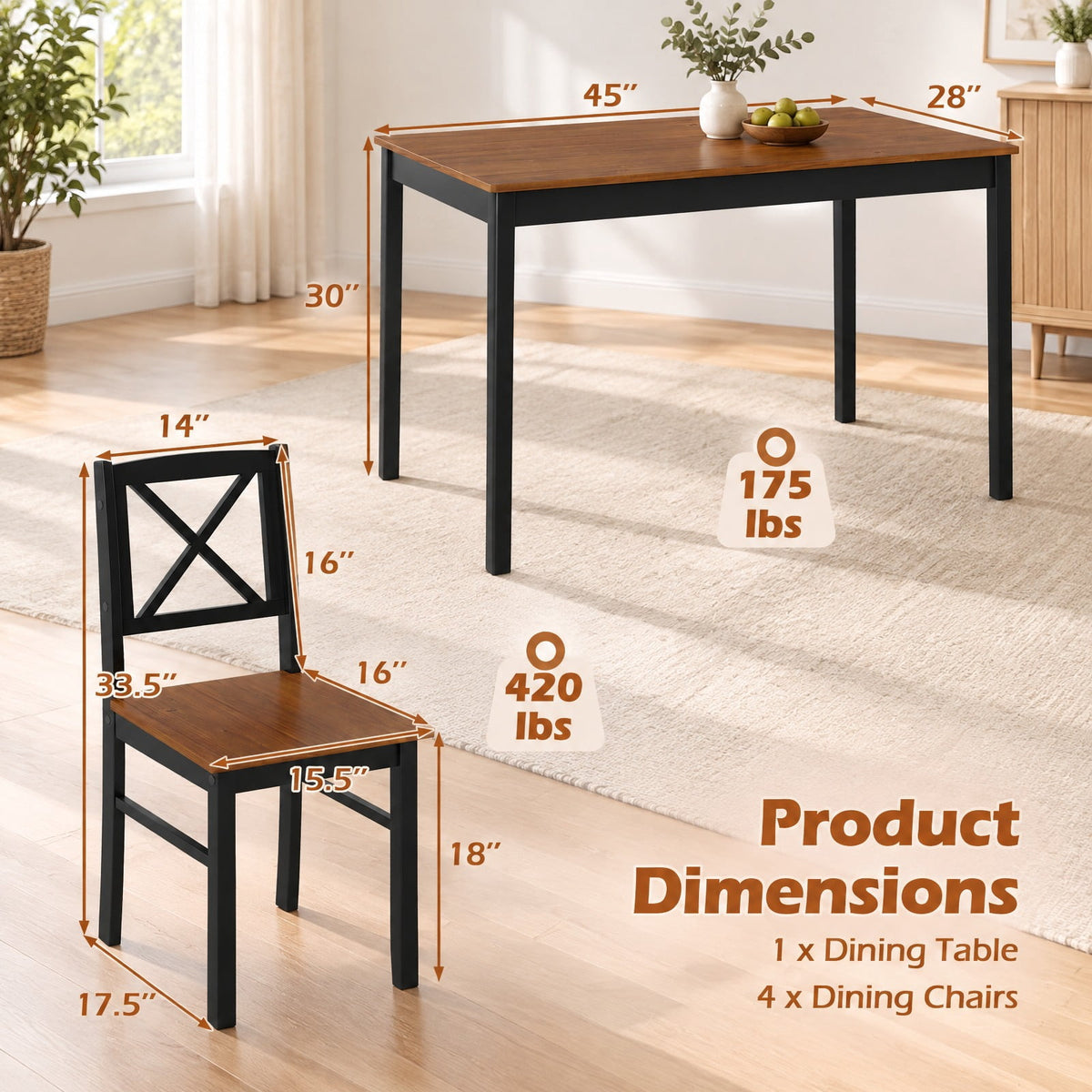 Airfind 5 Piece Dining Table Set with Rectangular Kitchen Table and 4 Chairs for 4 People, 175 lbs Capacity, Rubber Wood MDF Frame, Coffee