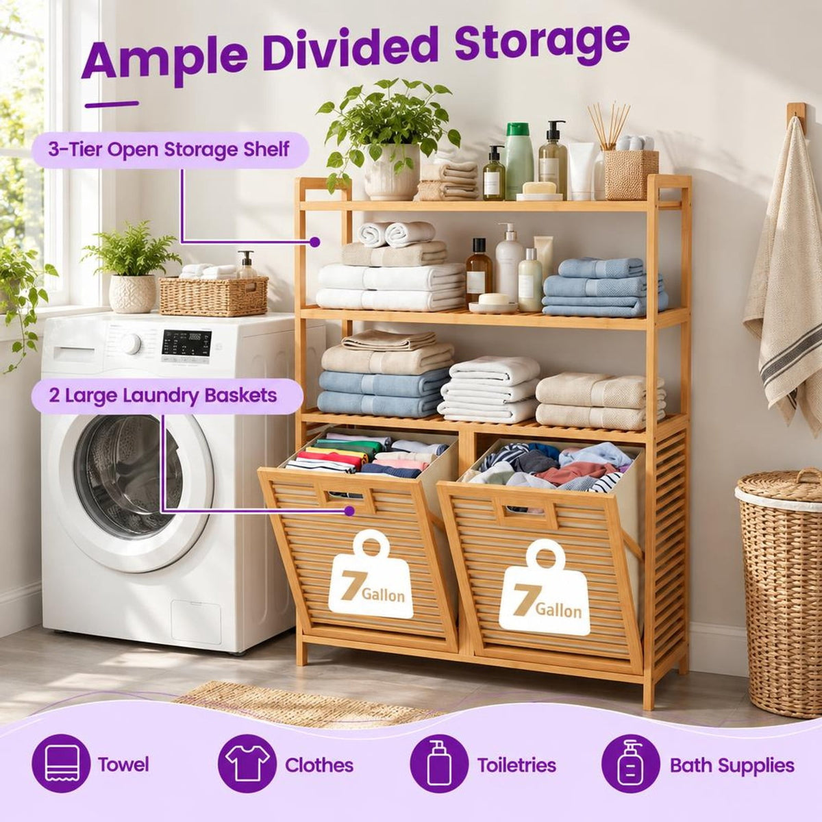 Airfind Double Tilt Out Laundry Hamper with 3 Shelves and 2 Removable Baskets for Dirty Clothes, 220 lbs Capacity, 32in x 12in x 44in Laundry Footprint