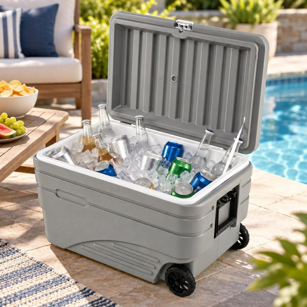 Airfind 103 Quart Outdoor Portable Wheeled Ice Cooler with Foldable Pull and Carry Handles, 330 lbs Capacity, HDPE PP PU TPE Frame, Gray