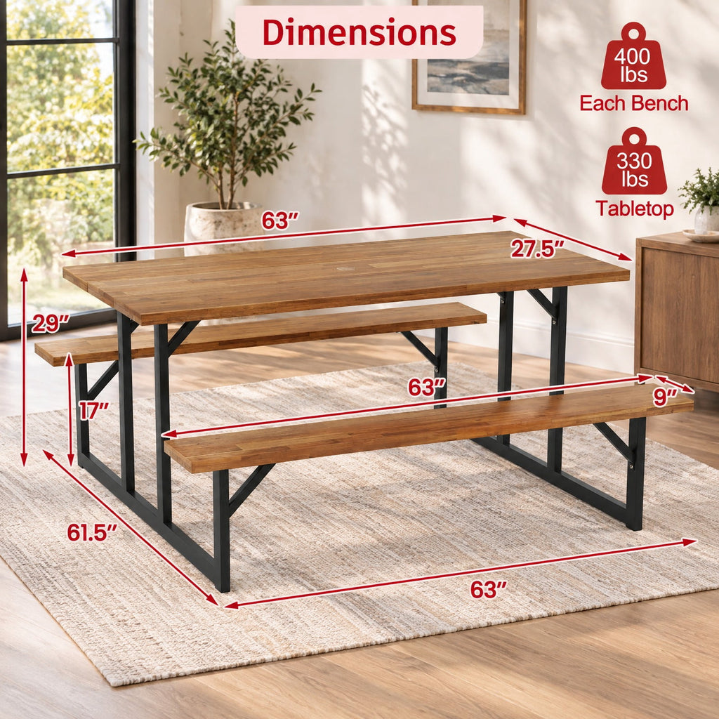Airfind 6-Person Acacia Wood Picnic Table with 2 Built, of Tabletop 330 lbs Capacity, Acacia Wood Metal Frame, 63 x 61.5 x 29 Footprint, Wood