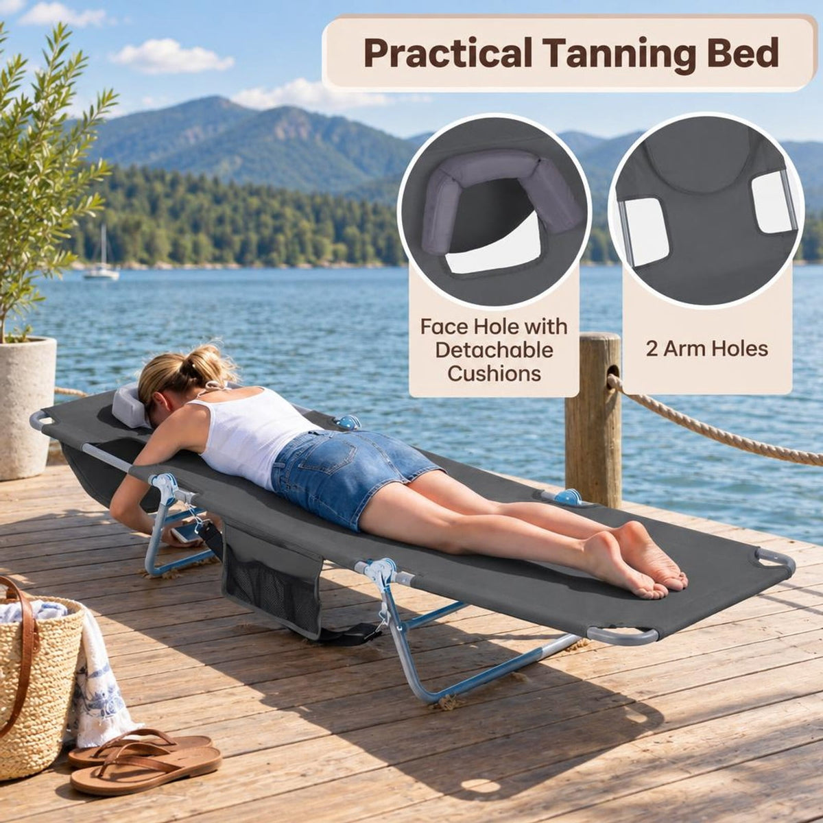 Airfind Folding Beach Lounge Chair with Adjustable Backrest for Lawn, 330 lbs Capacity, Metal Oxford Fabric Polyester Sponge Frame, Gray