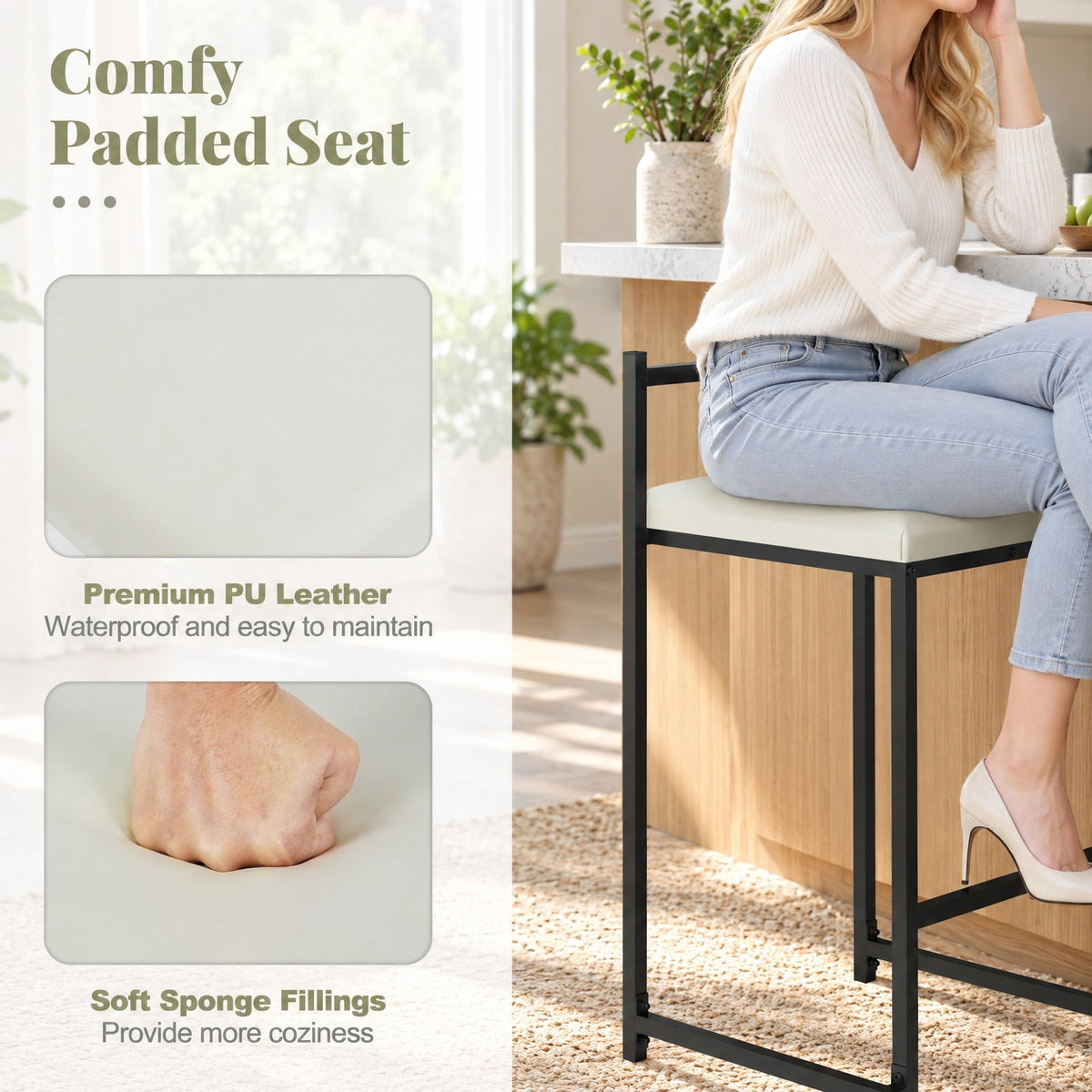 Airfind Set of 2 Stackable Counter Height Bar Stools PU Leather Upholstered with Footrest, 400 lbs Capacity, 16 Inch x 18 Inch x 33.5 Inch Footprint, Black