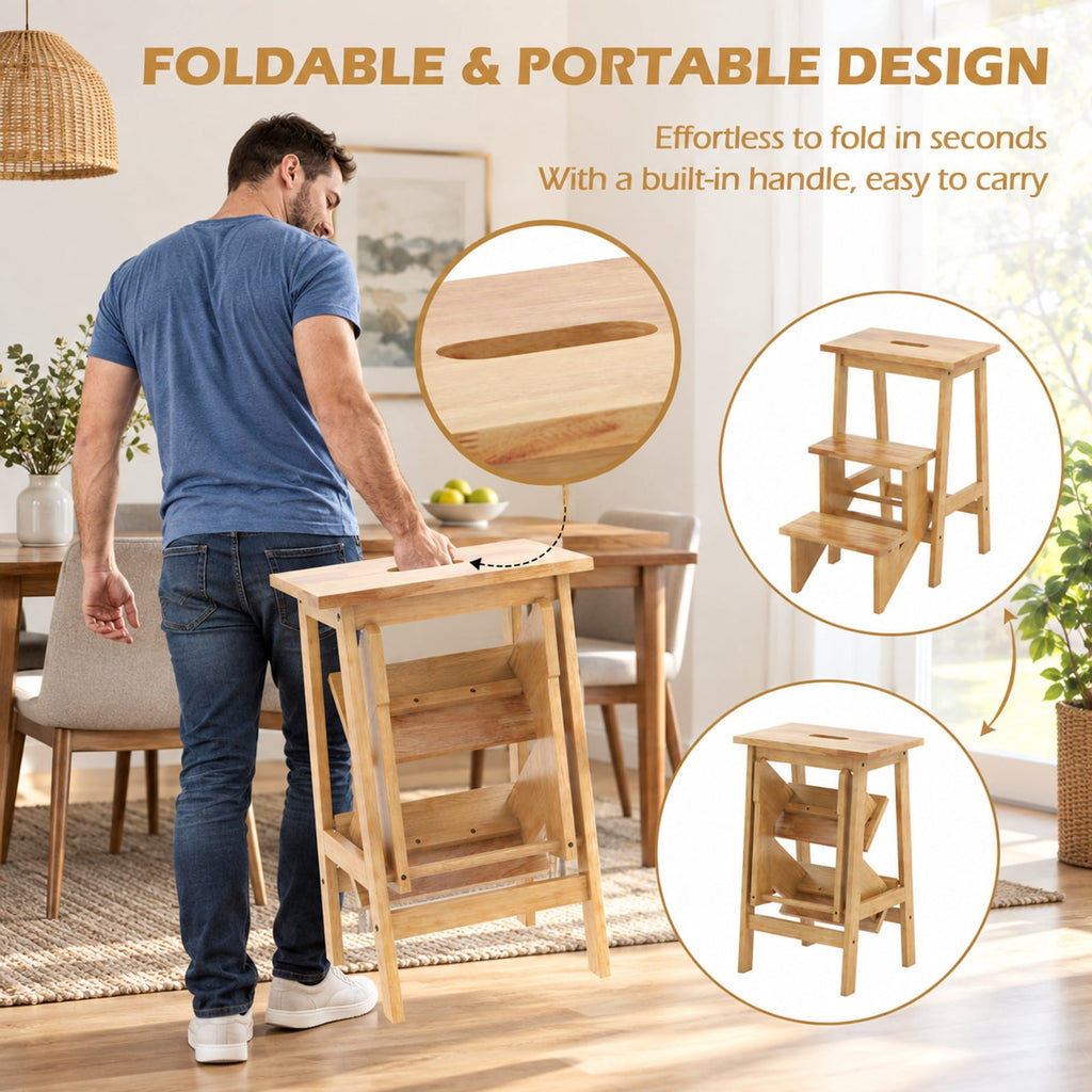 Airfind 3-in-1 Rubber Wood Step Stool with Convenient Handle, Rubber wood Frame, 22 x 16 x 24 Footprint, Natural